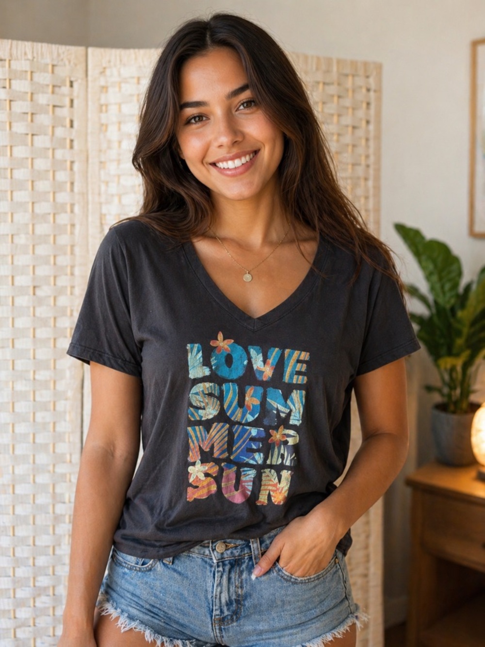 Old Navy Navy Short Sleeve V-Neck Tee with Multicolor Floral Graphic